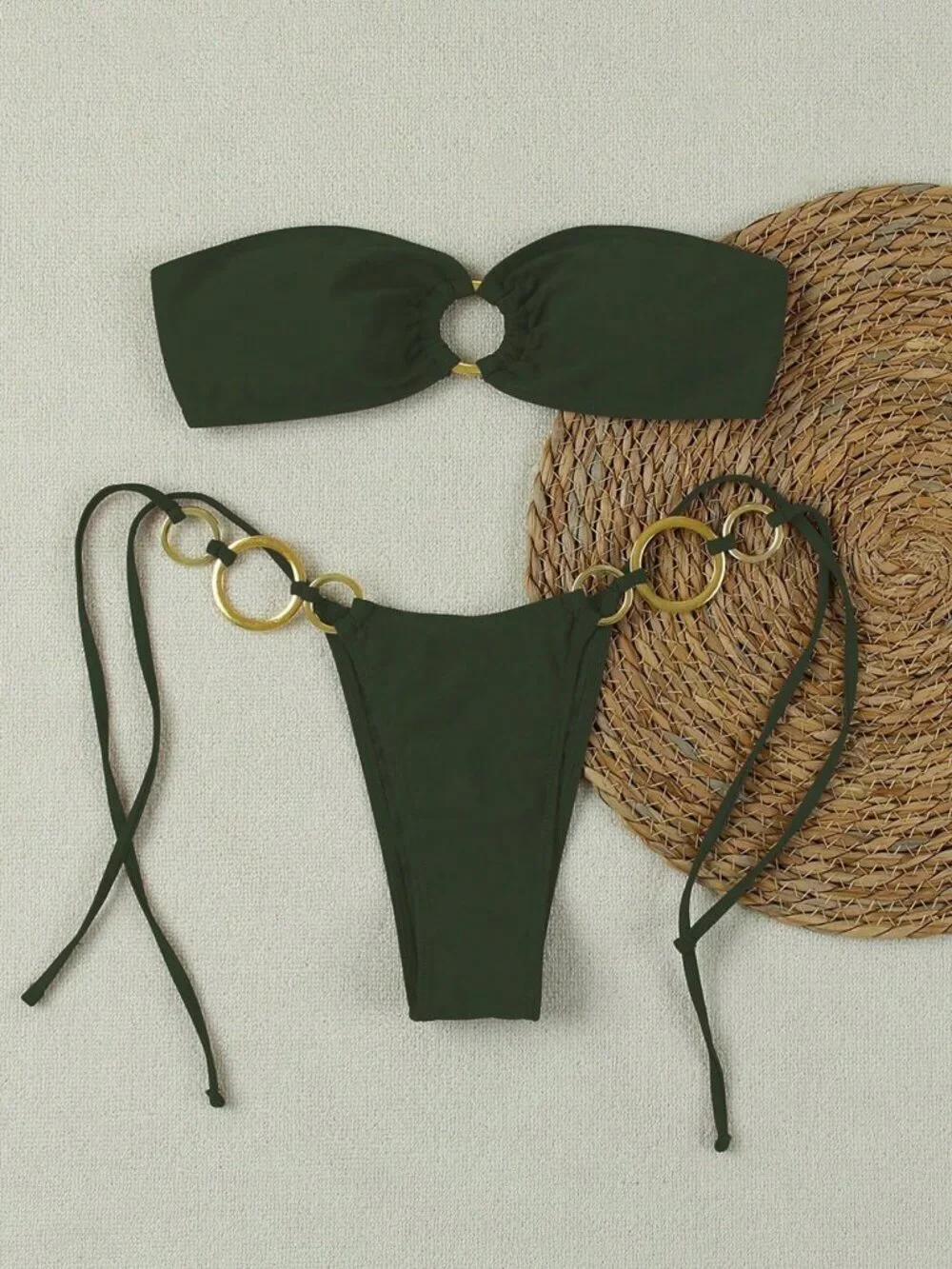 Army Green Bandeau Circular Ring Women's Beach Holiday Party Bikini Swimsuit